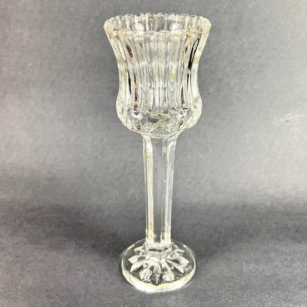 Vtg Tealight Votive Holder Clear Glass Star Diamond Ribbed Pedestal Long Stem